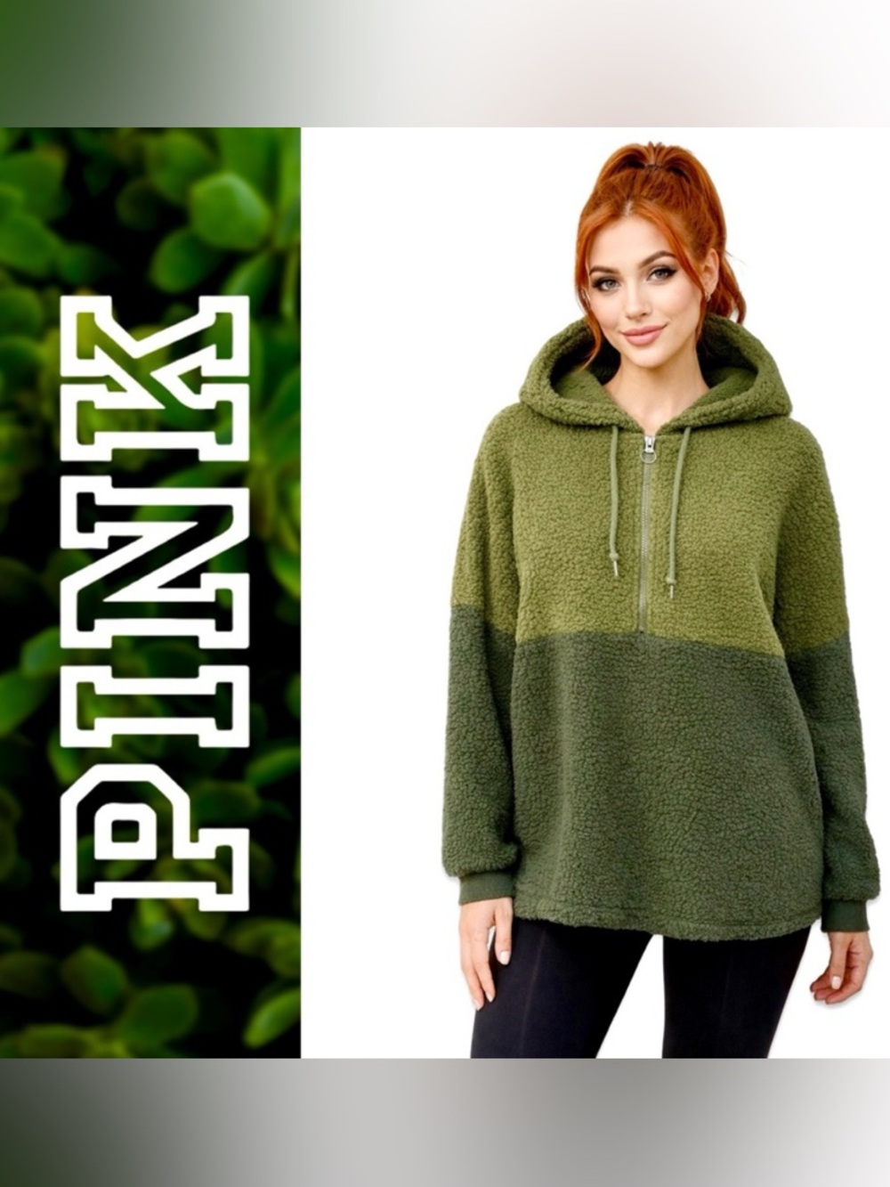 VS PINK Varsity Half Zip Sherpa Pullover Hoodie Green Size Large